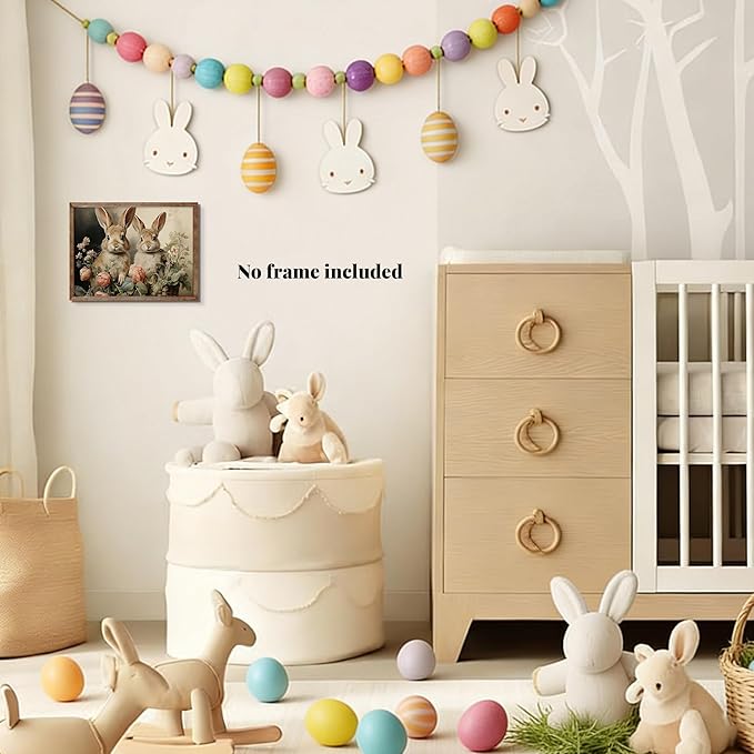 Easter Bunny Wall Art Poster, Two Adorable Rabbits with Flower Basket Picture Prints, Rustic Farmhouse Canvas Artwork, Vintage Holiday Wall Decor for Kids Room Bedroom Living Room 8x10in Unframed