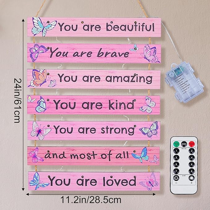 FIOBEE Girls Room Décor for Teen Girls Boys with LED Light Wall Decor for Bedroom Motivational Inspirational Wall Art Girl Room Decoration for Kids Studyroom, 8 Kinds of Lights, Pink Butterfly