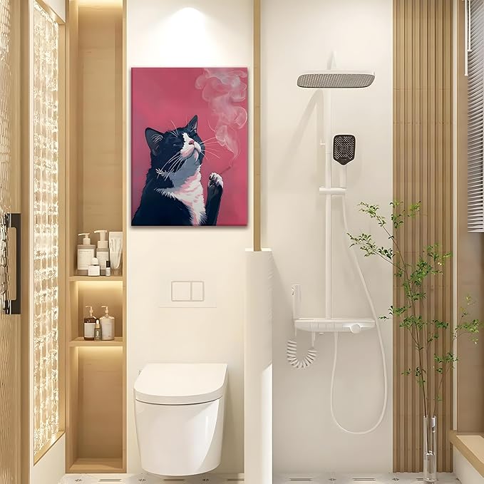 Framed Funny Black Cat Wall Art Canvas Print, pink Cool Cat Illustration Poster Wall Decor, Quirky Modern Cat Artwork for Living Room Bedroom Bathroom Kitchen Decor 12x16 Inch