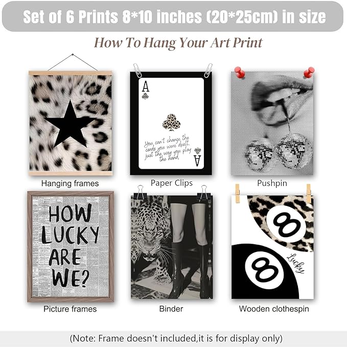 Trendy Leopard Wall Art Black And White Leopard Wall Decor Lucky 8 Ball Y2k Posters Prints Funky Cheetah Aesthetic Canvas Painting for Girls Room Bedroom Apartment Dorm Set of 6 (8x10 Unframed)