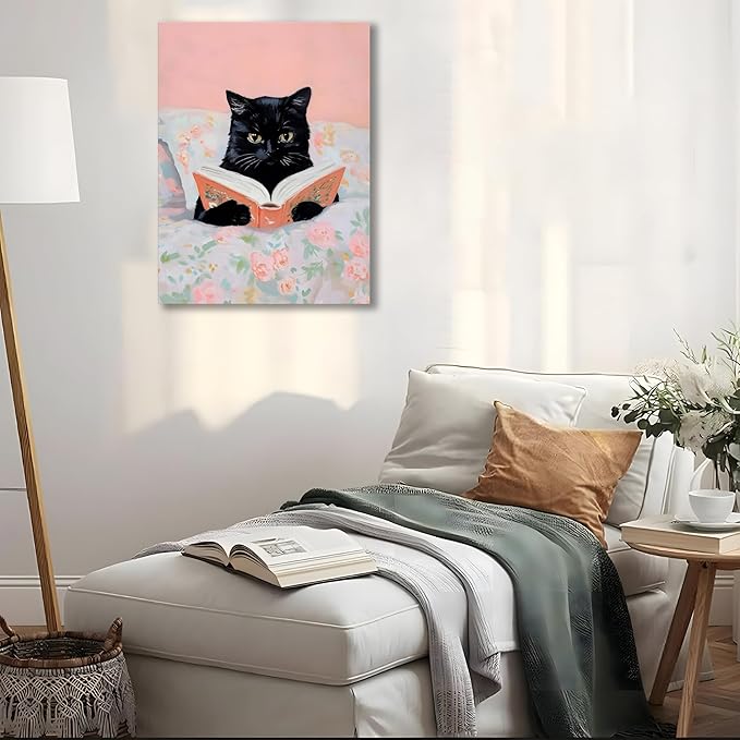 Framed Cats Canvas Wall Art, Funn Black Cat Reading Books Picture Wall Decor, Pink Vintage Animal Poster Prints for Girls Room Bedroom Kids Room Living Room Bathroom Decor 12x16 inch