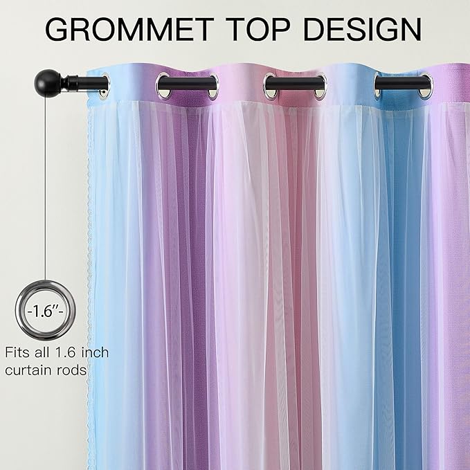 XiDi Double Layer Curtains with Sheer Overlay for Girls Bedroom Living Room 2 Panels 96 Inches Long Colorful Rainbow Blackout Curtains for Kids Unicorn Princess Grommet Drapes Pink Purple W34 x L96