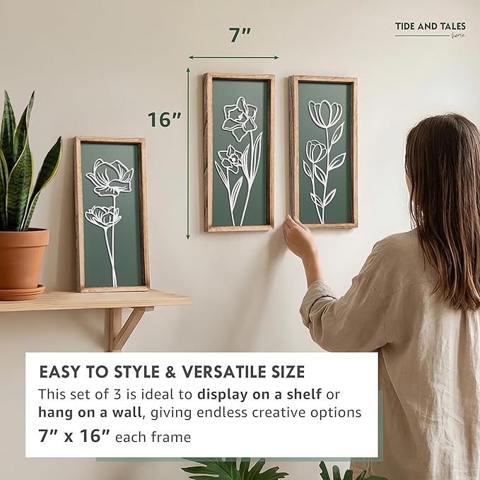 3D Floral Green Wall Art (Set of 3) Lightweight, Wooden Ready-to-Hang Boho Framed Wall Art for Bathroom, Master Bedroom, Living Room or Office - Premium Sage Green Farmhouse Decor - Gift-Boxed