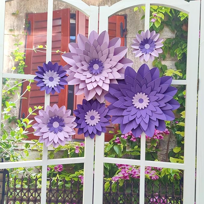 Purple Paper Flower (12''-5'' Assorted) for Wall Backdrop Wedding Mermaid Birthday Baby Shower Purple Party Decor Pack of 6
