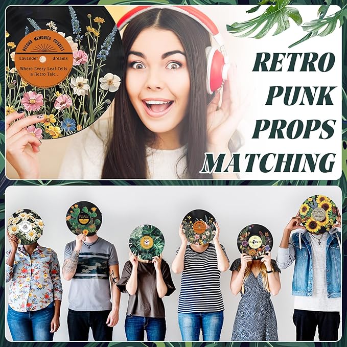 Chunful 6 Pake 12 Inch Vintage Records Wall Decor Aesthetic Retro Record Wall Decor for Dorm Bedroom Living Room Art Display Rock and Roll Music Hippie Party Records Decorations(Botanical)
