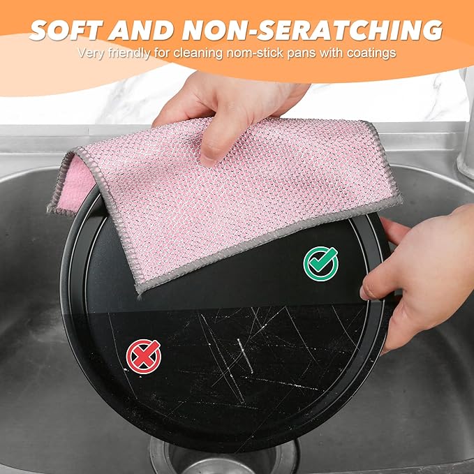 12Pack Upgrade Multipurpose Wire Dishwashing Rags, Dual-Side Non Scratch Wire Dishcloth, for Wet and Dry Use, Reusable Metal Scrubbing Microfiber Clean Cloths for Home/Kitchen/Stove(Pink)