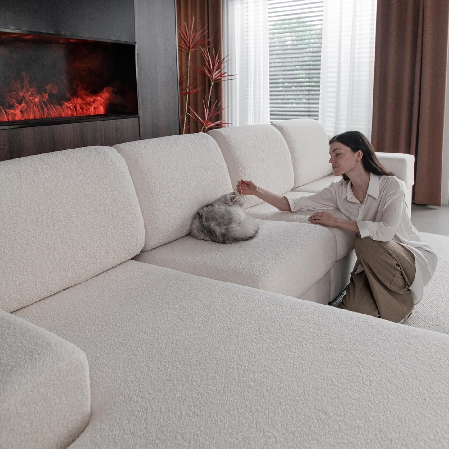 Couch Cushion Covers for Sectional Sofa, Stretch Soft Sofa Slipcovers Washable Wear-Resistant Universal Furniture Protector for Living Room(1 Piece Large Cover, Ivory)