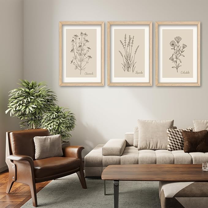 YWJKWLGS Framed Vintage Botanical Wall Art Set of 3, Natural Wood Frame Wildflower Prints, Minimalist Rustic Farmhouse Decor, 11x16 inch Art for Living Room Bedroom Office