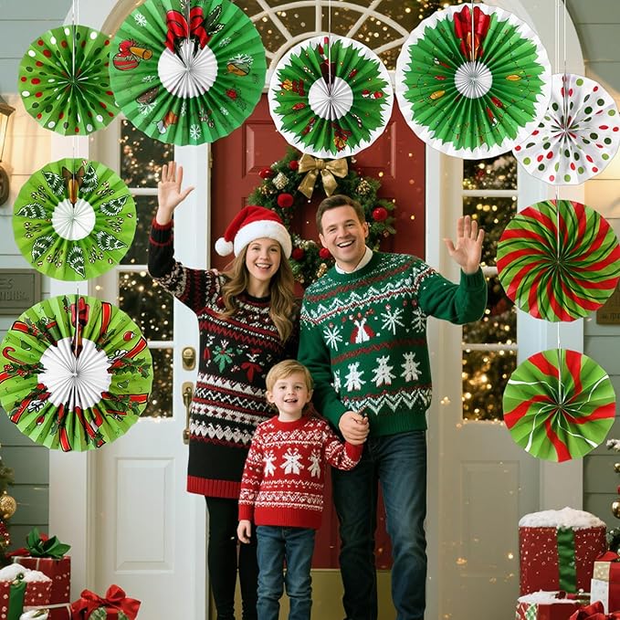 Outus 9 Pcs Christmas Hanging Decorations Candy Paper Fans Peppermint Classroom Christmas Decorations Party Ceiling Wall Hanging Decor Red Green Elf Bulb Wreath Gift Box Winter Holiday Birthday