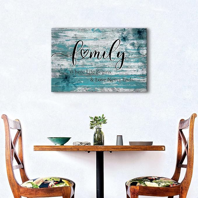 Family Sign Wall Decor Teal Wall Art Where Life Begins Love Never Ends Signs Poster Turquoise Picture Blessed Wall Decor Farmhouse Painting Artwork for Living Room Kitchen Home Decorations 16x24"