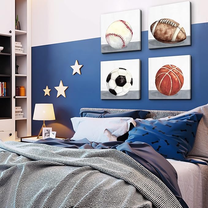 4 Panel Sports Wall Art Boys Room Decor Soccer Posters Baby Nursery Toddler Decor Baseball Basketball Football Canvas Prints Pictures Boy Bedroom Decorations Watercolor Balls Painting Artwork 16x16”