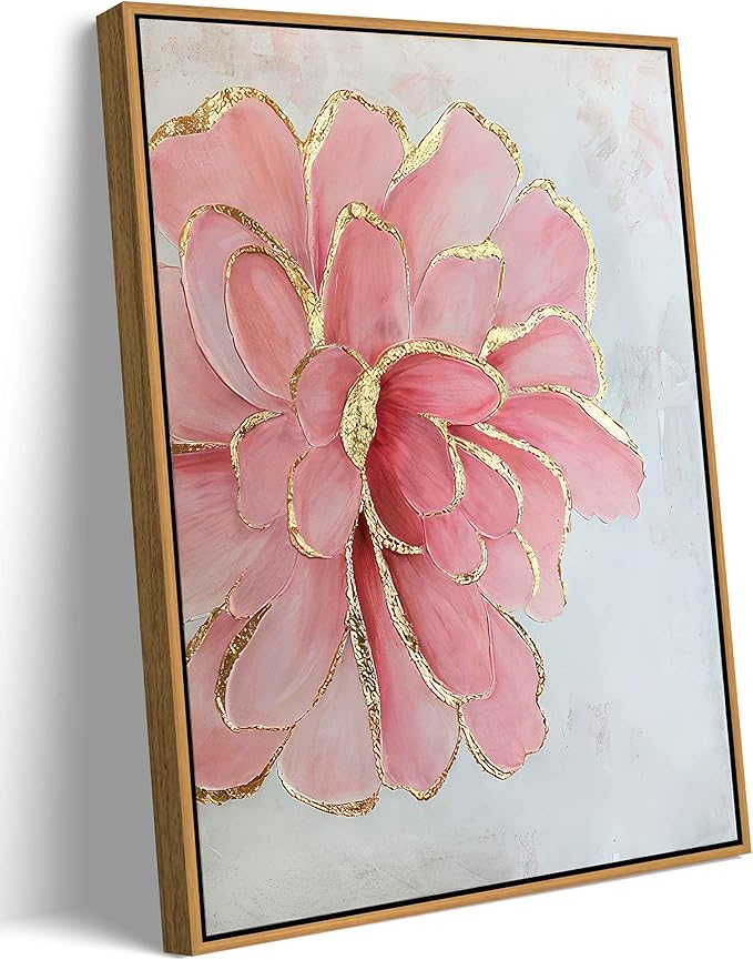 Framed Pink Peony Flower Canvas Wall Art Modern Pink and Gold Floral painting Decor Pictures Abstract flowering Posters Prints for Corridor Living Classroom Bedroom Woman Room Decoration