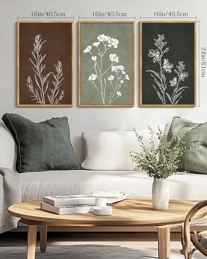 Drsoum Vintage Boho Flower Wall Art Framed Retro Botanical Floral Wall Prints Wildflower Neutral Rustic Bohemain Artwork Kitchen Bedroom Ready to Hang 16x24in Natural Framed