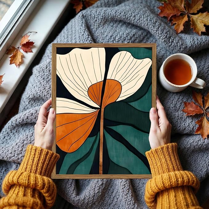 Mid Century Modern Flower Wall Art Vintage Abstract Botanical Wall Decor Painting Set of 2 Mid Century Boho Dark Floral Poster Canvas Print Pictures for Living Room Bedroom 12x16 inch Wood Framed