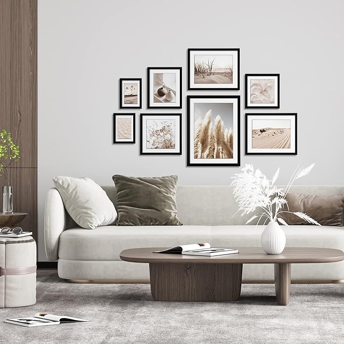 ArtbyHannah Gallery Wall Frame Set, 8 Pack Picture Frames Collage Wall Decor with Neutral Pampas Grass Art for Living Room, Assorted Size Including 11"x14", 8"x10", 5"x7"(Black Frame)