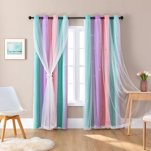 XiDi Kids Pink Curtains for Girls Bedroom 2 Panels Star Cutout Rainbow Blackout Curtains for Nursery Decor Window Treatment Grommet Room Darkening Drapes 72 Inches Long Pink Purple Green W42 x L72