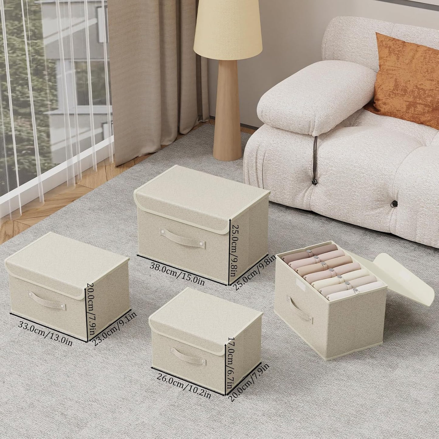 Storage Boxes, Collapsible Storage Bins with Lids, Cotton and linen cloth Storage Baskets with Handle, for Books, Closet, Bedroom, Home, 15x9.8x9.8 in, Grey and Beige