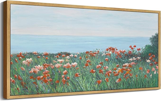 SHENIFY Vintage Framed Wall Art Coastal Wildflower Field Poppy Flower Landscape Scenery Home Decor Retro Decorations for Farmhouse Bedroom Ready to Hang Wall Artwork - 20x40in Natural Framed