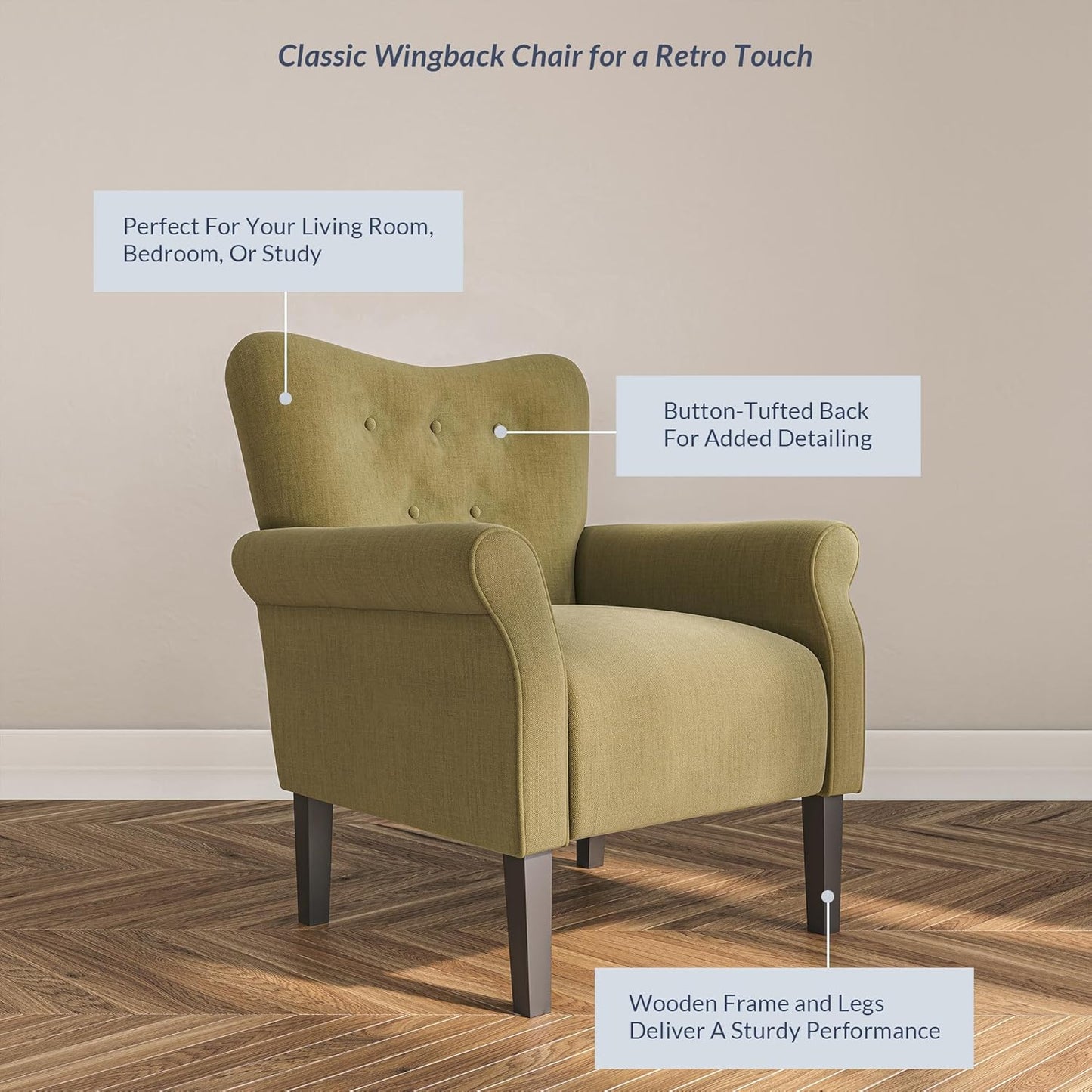 BELLEZE Modern Accent Chair, High Back Armchair, Upholstered Wingback Side Chair, Padded Single Sofa with Wooden Legs for Living Room, Bedroom - Avocado