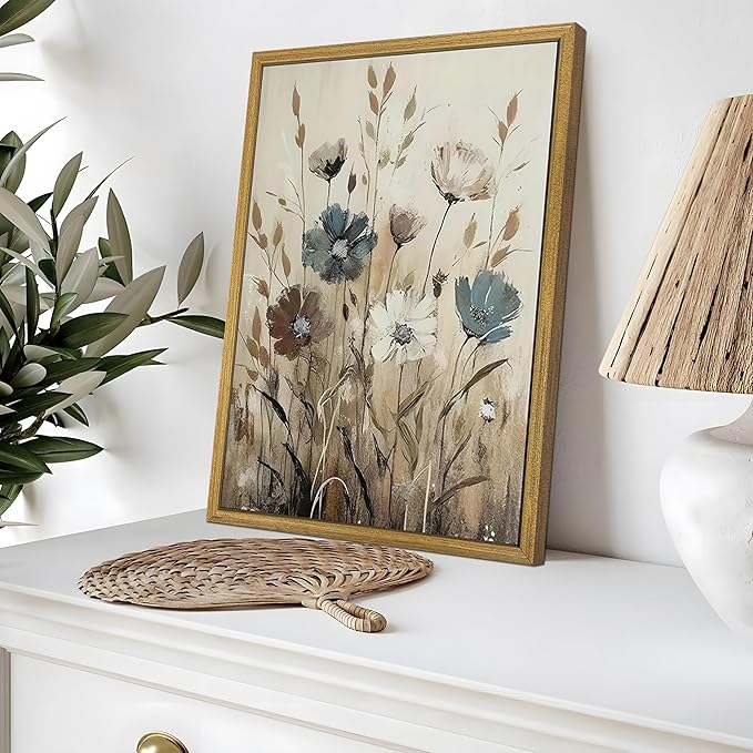 Yaneiro Wood Framed Vintage Wildflower Wall Art, Boho Canvas Wall Decor Paintings, Sage Flower Bathroom Decor, Countryside Farmhouse Landscape Posters Print for Bedroom Hallway Living Room 16x24 Inch