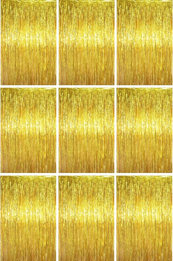3.3 x 6.6 ft Foil Fringe Backdrop Curtains, Tinsel Streamers Party Decorations, Fringe Backdrop for Birthday, Baby Shower, Gender Reveal, Graduation (9, Gold)