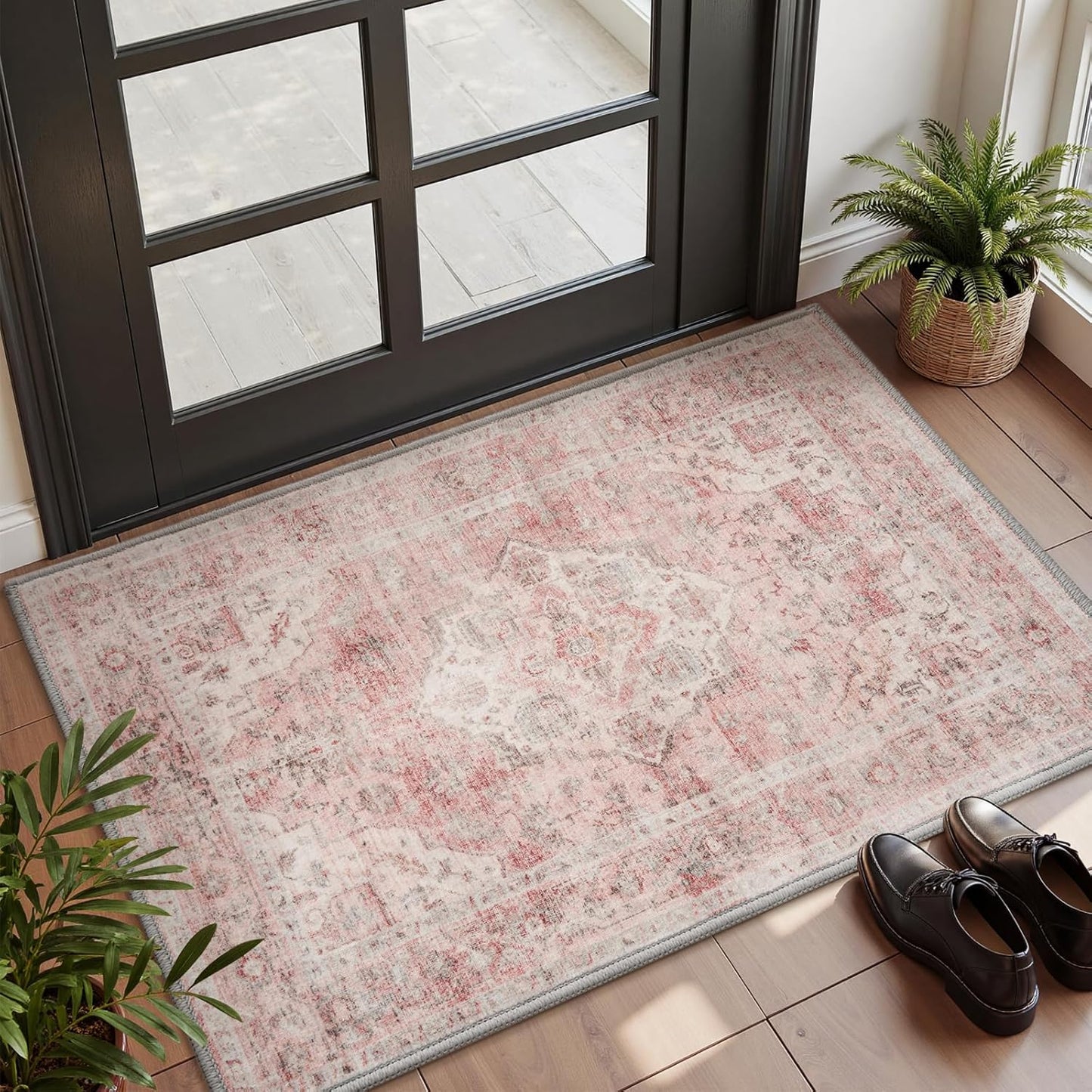 AMOAMI-2X3 Small Rug-Washable Rugs Entryway Mat Indoor-Soft Vintage Non Slip Rugs for Kitchen Laundry Room Bathroom Pink Decorative Accent Rug for in Front of Sink 24 Inch x36 Inch
