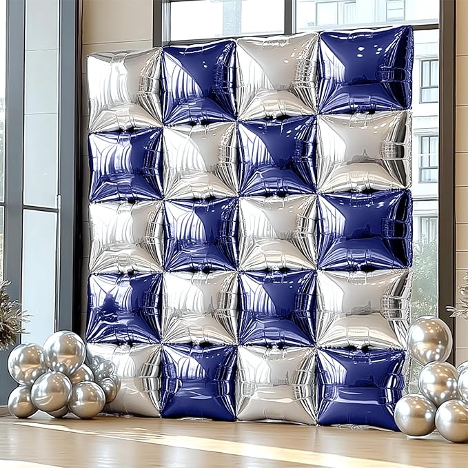 NISOCY 25PCS Blue Silver Square Foil Balloons Wall Backdrop Double Sided Navy Blue Silver Balloons Arch Kit for New Year Birthday Graduation Wedding Baby Bridal Shower Anniversary Party Decorations