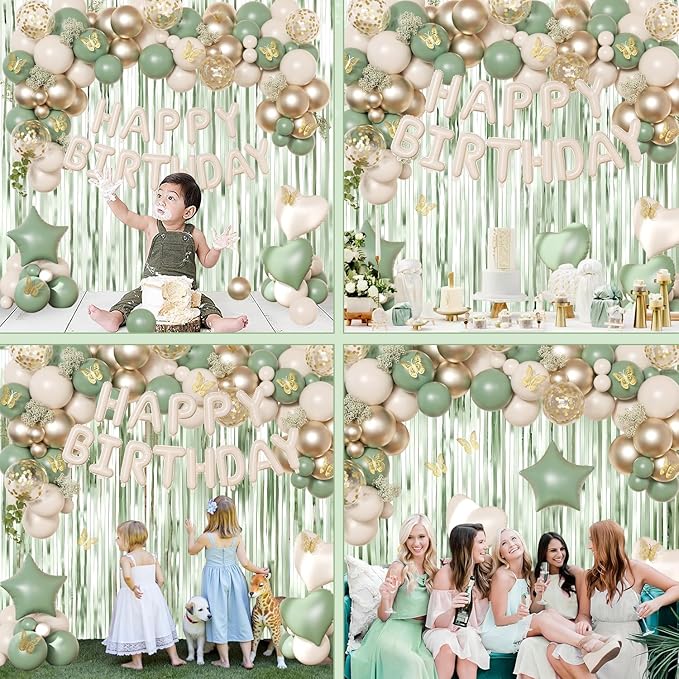Sage Green Birthday Decorations with Happy Birthday Banner Sage Green Biege Gold Balloons Confetti Foil Balloons Gold Butterfly Fringe Curtains, Green Birthday Party Decorations for Women Girls