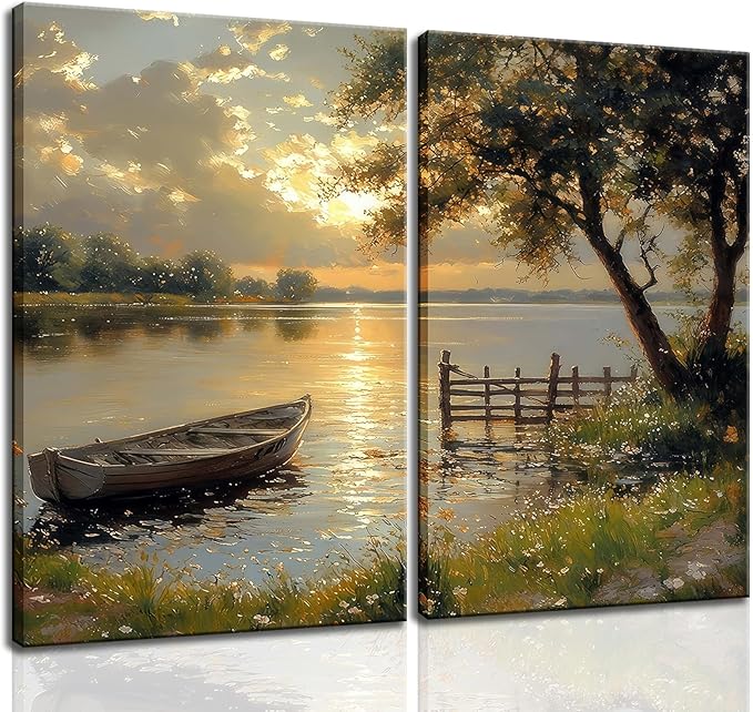 2Pcs Framed Fall Landscape Canvas Wall Art, Lake Boat Forest Art Prints, Autumn Scenery Nature Decor Pictures, Rustic Gold Paintings Wall Decor Living Room, Bedroom, Office 12x16in