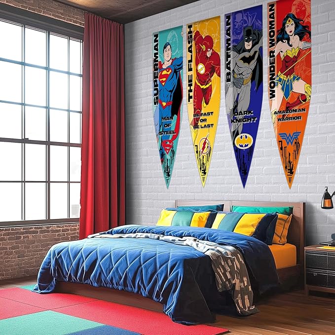 Superhero Banner Flag Backdrop Decor, 18"x59" Hero Themed Hanging Flags, Vibrant Party Decoration, Kids Bedroom Wall Decor