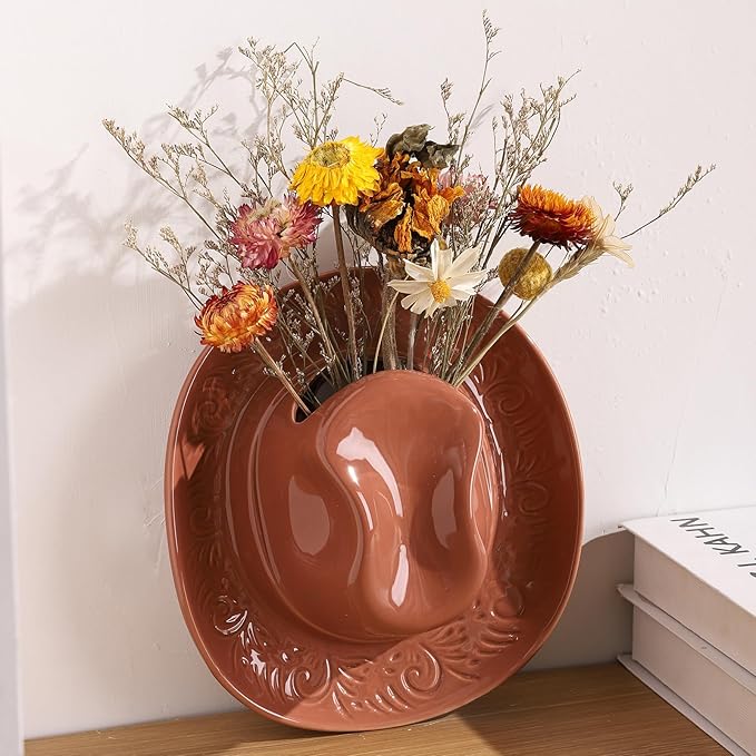 Hanging Wall Planters for Indoor Plants, Wall Vases for Flowers, Ceramic Cowboy Hat Vases for Decor, for Bathroom, Living Room, Office, and Home Decor. Brown Medium