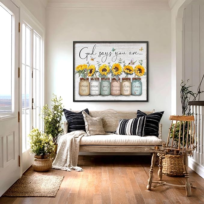 Inspirational Bible Verse Wall Art: God Says You Are Wall Sayings Sunflower in Mason Jar Picture Print Christian Gift Quotes Poster for Women Girl Bedroom Decor 24" x 30"