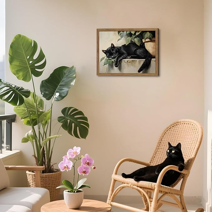 Framed Black Cat Wall Art, Vintage Sleeping Cat Picture Wall Decor, Cute Animal Poster Canvas Prints, Rustic Plant Paintings Artwork for Living room Bedroom Bathroom Decor – 12x16 inch