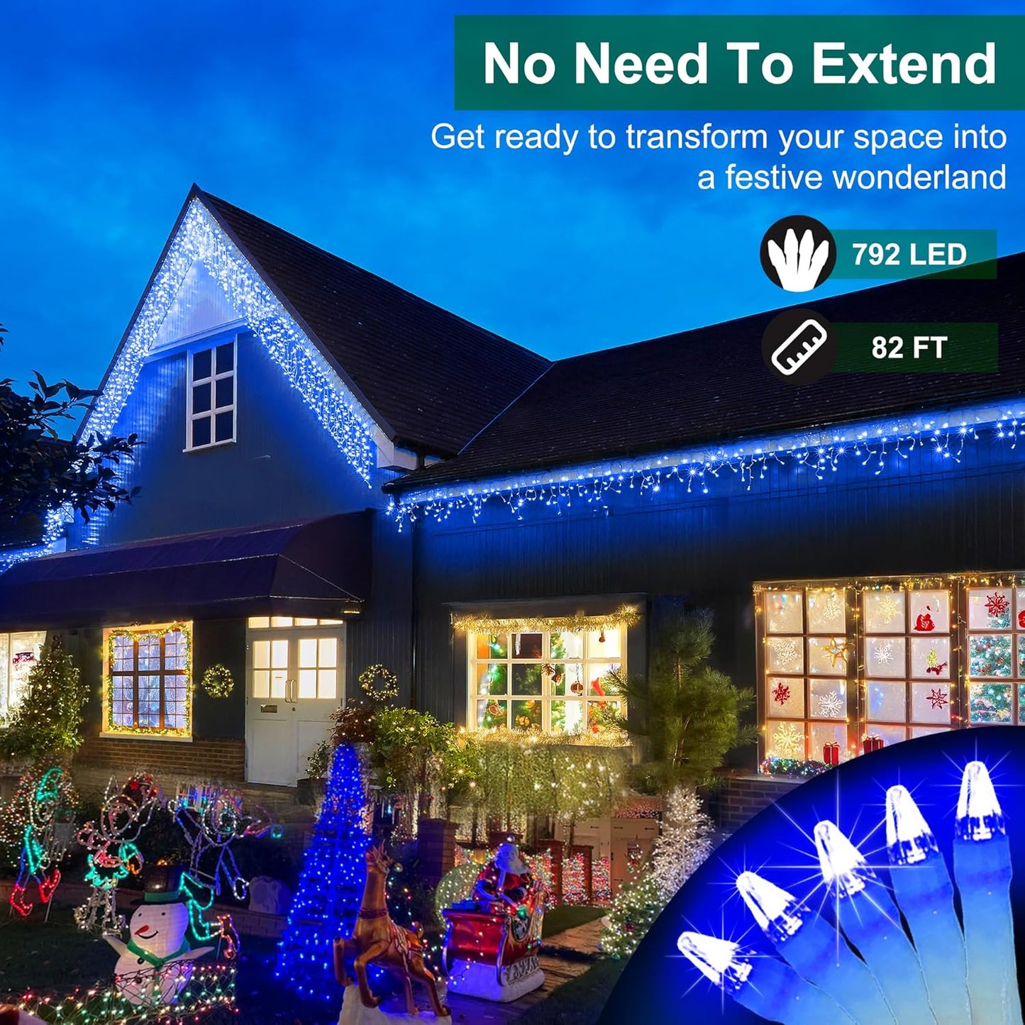 792 LED Christmas Lights with 176 Drops,82ft 8 Modes Fairy Hanging String Lights with Time Waterproof, Plug-in Christmas String Lights for Holiday Wedding Party Christmas Decorations(Blue)