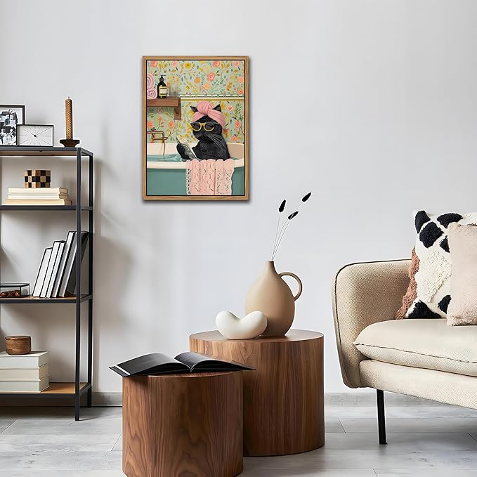 Floating Framed Bathroom Cat Canvas Wall Art, Funny Black Cat Reading Wall Decor, Cute Animal Prints Pictures Posters for Living Room Bedroom Toilet Kids Room Paintings 12x16 inch