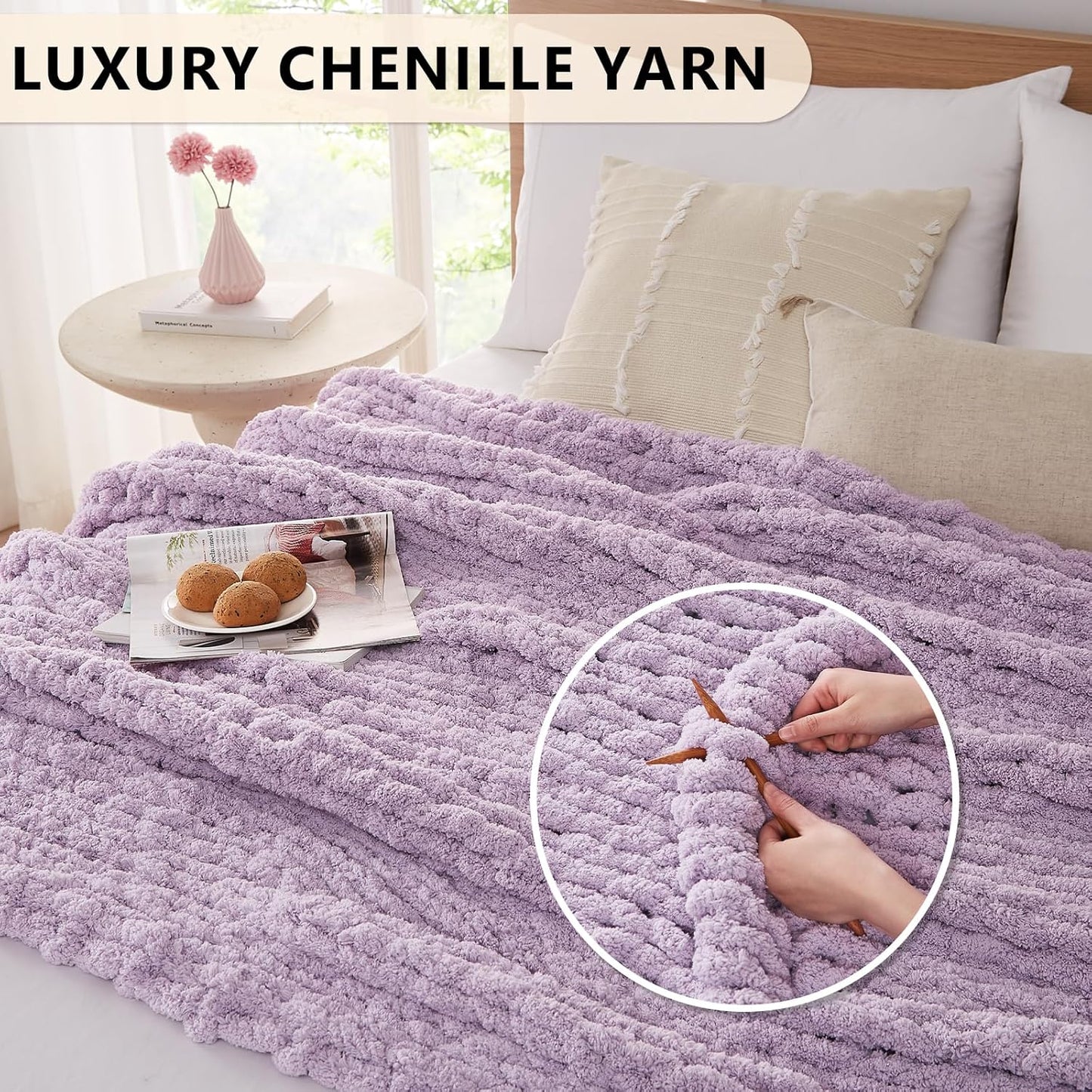 L'AGRATY Chunky Knit Blanket Throw: 80''x90'' Chenille Chunky Knitted Throw Blanket for Bed Couch - Handmade Thick Big Cable Knit Blanket - Large Chunky Crochet Rope Blanket for Home Decor(Purple)