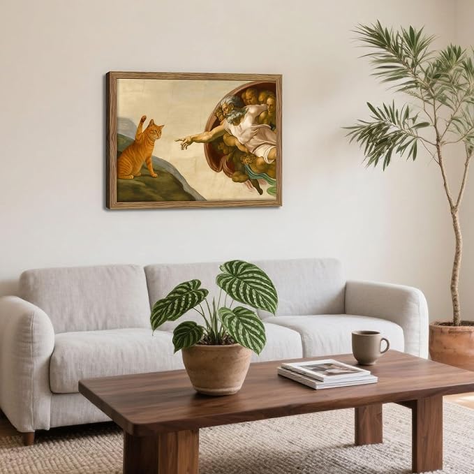 Framed Vintage Cat Canvas Wall Art, Funny Orange Cat Parody Classic Masterpiece Prints, Renaissance-Inspired Animal Artwork, Retro Humorous Wall Decor for Living Room Bedroom Playroom – 12x16 inch