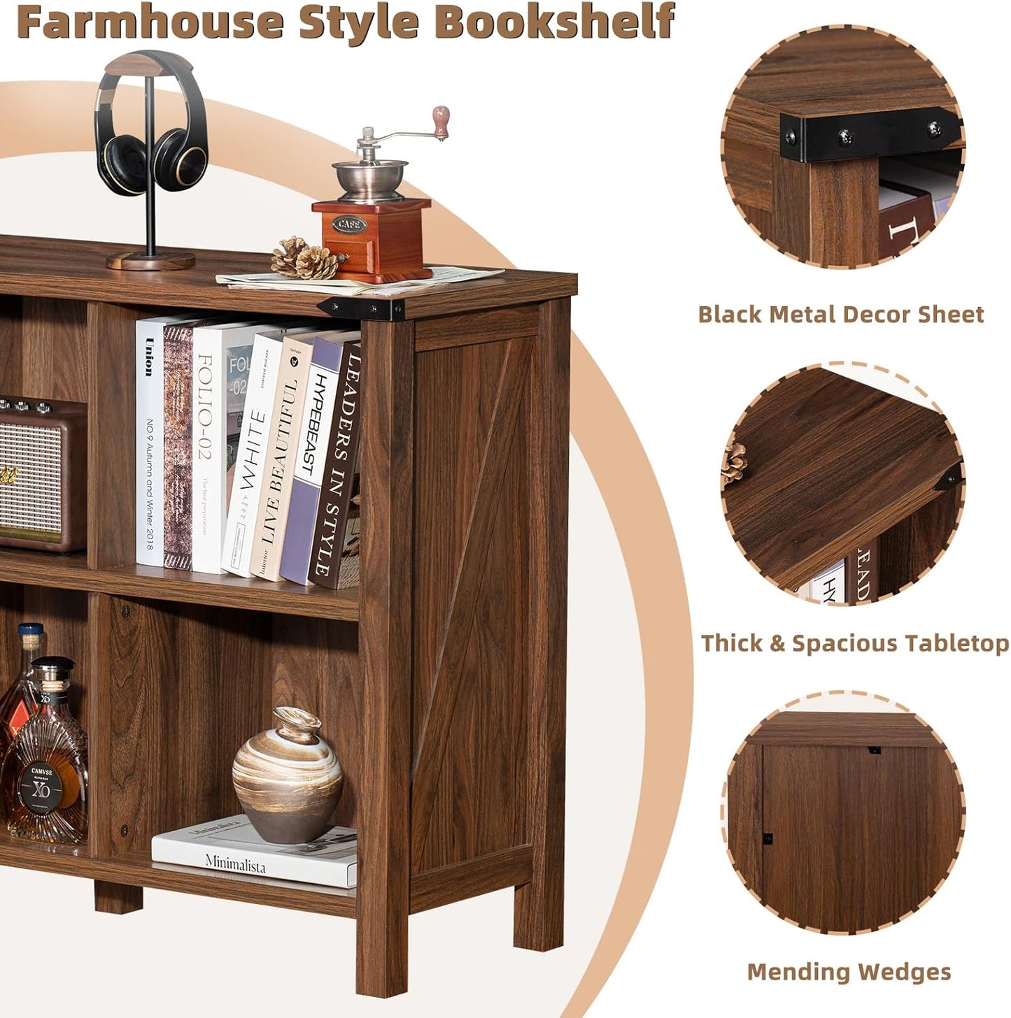 8 Cube Book Shelf, Farmhouse Wood Long Storage Organizer Bookcase, 62" Horizontal Brown Walnut Console Closet Bookshelf, Hallway TV Stand for Entryway, Display Cabinet Book Case for Office