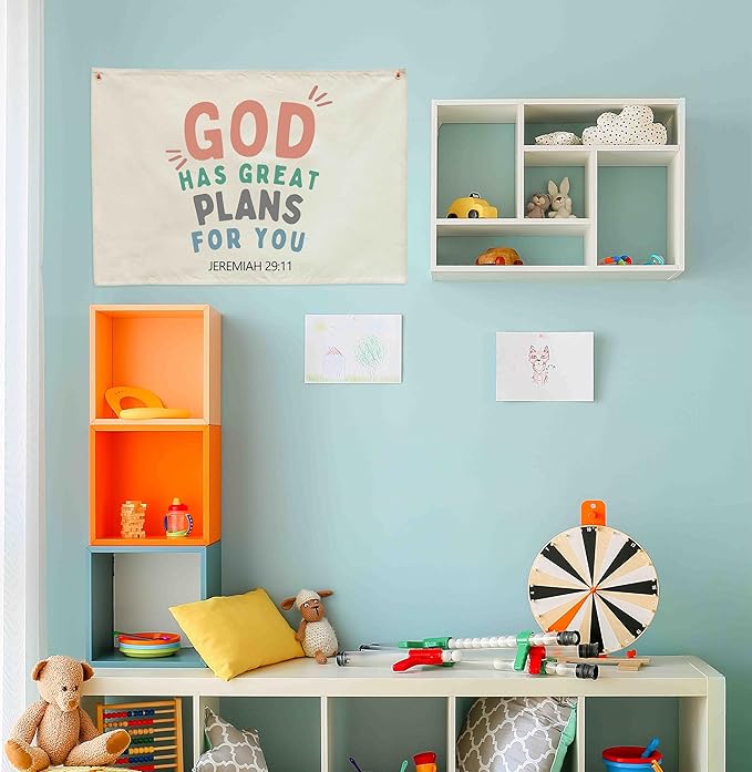 Rectangular Christian Bible Verse Scripture Canvas Banner Wall Decor-Flag Wall Sign for Baby Girl Kid,Nursery Bedroom Nursery Decor,Baby Shower Baptism Christmas Gift-God Has Great Plans for You