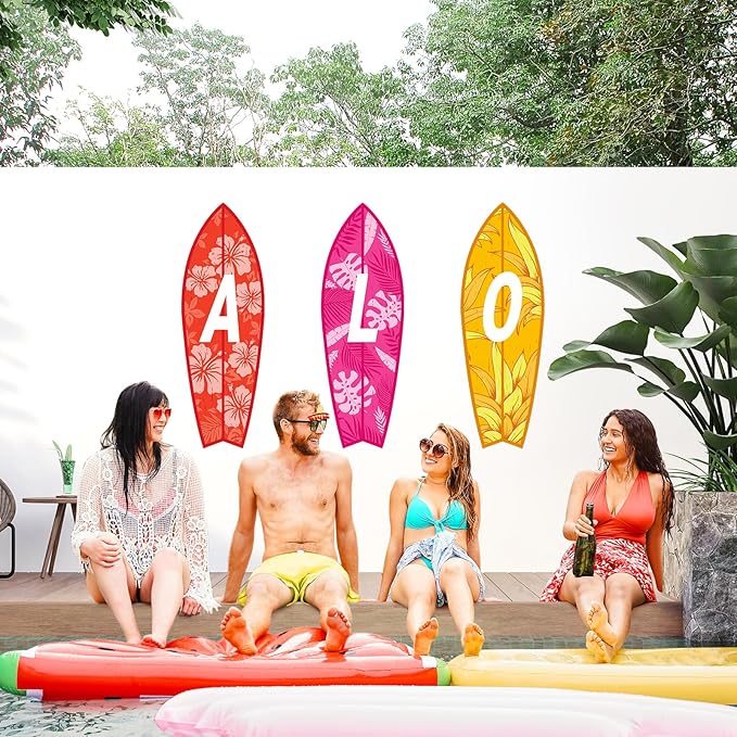 5 Pcs 28" Tall Summer Aloha Surfboard Cut Outs Accents Set Paper Beach Signs Cutouts Wall Decor for Hawaii Tropical Pool Surf Party Bulletin Board Decorations