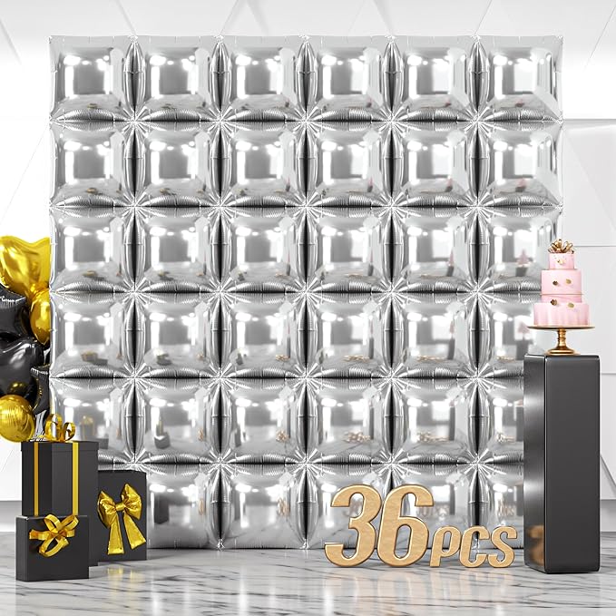 NISOCY 36PCS Metallic Silver Square Foil Balloons Wall Backdrop Chrome Silver Balloons Tunnel Garland Arch Kit for New Year Anniversary Bachelorette Birthday Engagement Bridal Shower Party Decorations