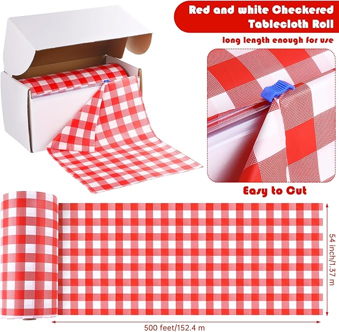 Kochorie 54 Inch x 500 Ft Red Checkered Plastic Table Cloth Roll Disposable Waterproof Table Cover Plastic Table Cover Roll with Easy Slide Cutter for Outdoor Picnic/Home Dining/Summer Party