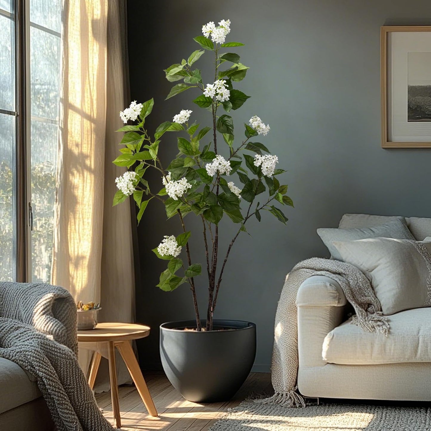Fake Plants Home Decor Artificial Plants Outdoor Hydrangea Artificial Plants Indoor Fake Tree Living Room Decor Artificial Tree Porch Decor Fiddle Leaf Fig Tree 6Ft (White)