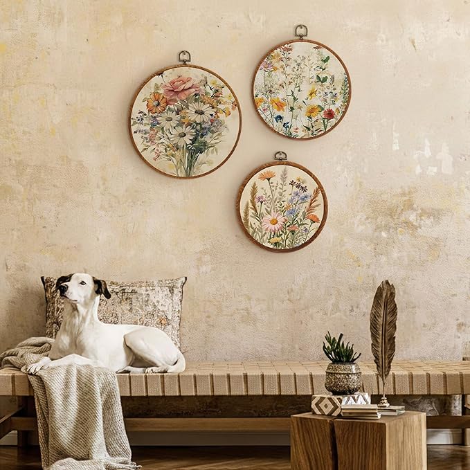 Fiwochic 3 Pcs Round Wildflowers Boho Wall Decor Vintage Flowers Wall Artwork Spring Floral House Artwork Flowers Painting Canva Print Framed Art Farmhouse Nature Hanging Boho Decor for Bedroom