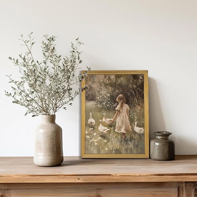 Wood Framed Canvas Wall Art, Vintage Girl with Ducks Painting Poster, Countryside Pastoral Landscape Print Picture, Rustic Farmhouse Wall Decor for Living Room Bedroom Nursery 16x24 inch
