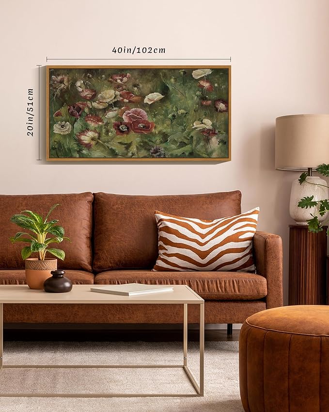 SHENIFY 20x40in Extra Large Vintage Framed Wall Art Poppies Flower Landscape Painting Retro Red Floral Scenery Farmhouse Bedroom Above of Bed Living Room Decor - Natural Framed