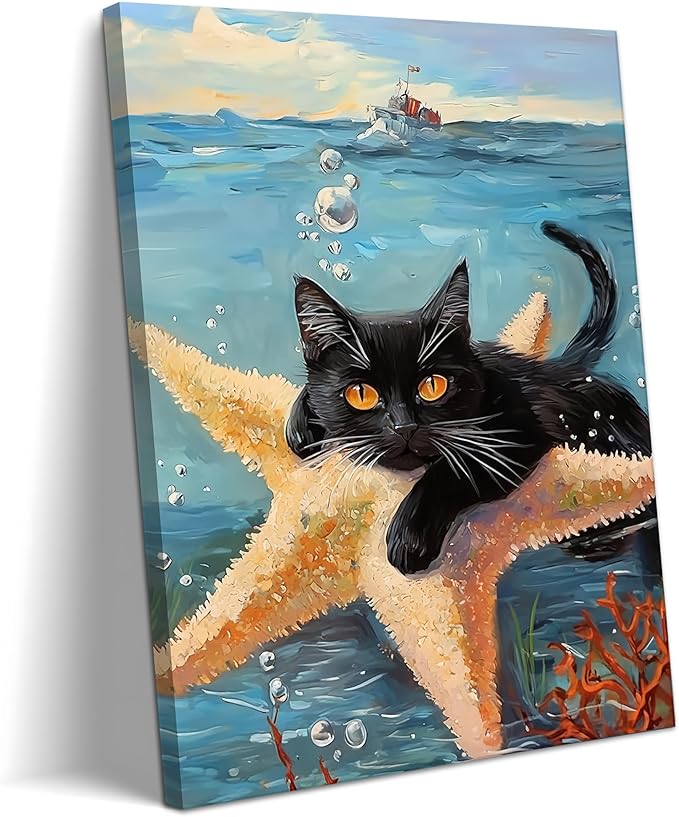 Yaneiro Funny cat canvas wall art, bathroom wall decor Starfish Cat A 16x24 inch Wrapped Canvas