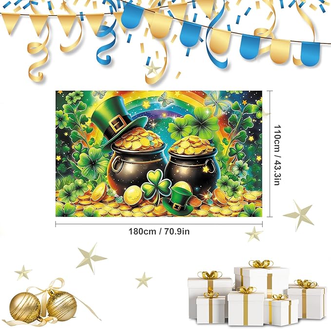 St Patricks Day Banner Backdrop 71"x43" St Patrick's Day Decorations Shamrocks Happy St. Patrick's Day Holiday Backdrop Wall Decor Bulletin Board for Indoor Outdoor Party