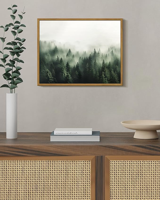 SHENIFY Green Fog Pine Tree Forest Vintage Framed Wall Art Modern Landscape Scenery Farmhouse Artwork Prints Decor for Kitchen Living Room Bedroom Bathroom - 11x14in Natural Framed