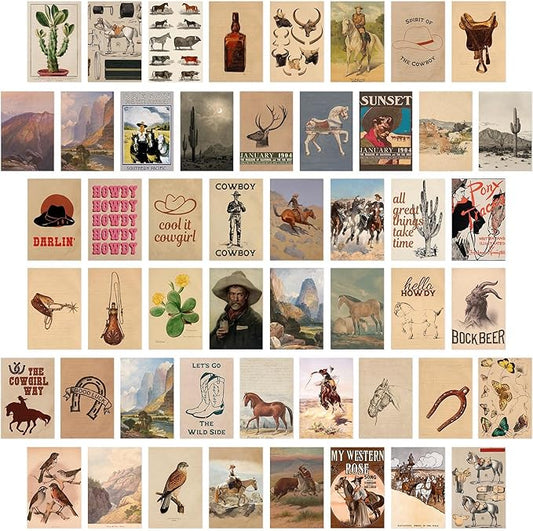 KBKBART 50 Pcs Vintage Western Cowboy Pictures Wall Decor, Farmhouse Western Wall Art Prints, Southwestern Boho Old Wild Collage Kit 4"x6", Vintage Cowgirl Aesthetic Poster for Bedroom, Teen Girl Dorm Decor